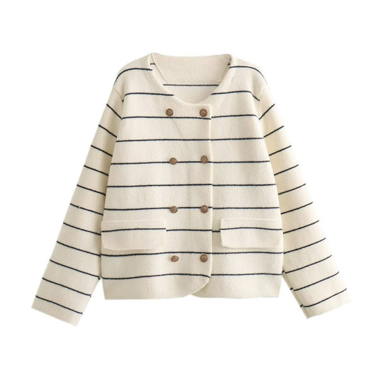 Navy Striped Knit Cardigan Sweater Coat for Women with Double-Breasted Round Neck    