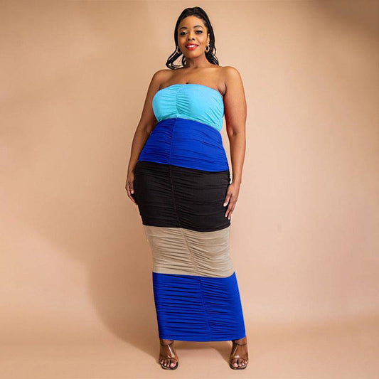 Sexy Color-Block Pleated off-Shoulder Tube Top Dress for Plus Size Women    