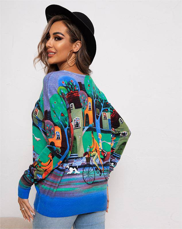 Relaxed Fit Printed Sweater with Round Neck and Long Sleeves for Women    