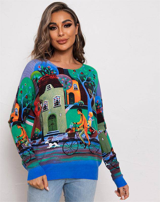 Relaxed Fit Printed Sweater with Round Neck and Long Sleeves for Women    