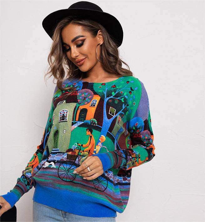 Relaxed Fit Printed Sweater with Round Neck and Long Sleeves for Women    