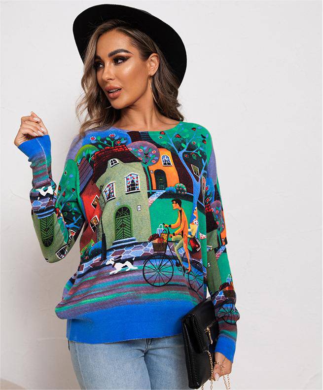 Relaxed Fit Printed Sweater with Round Neck and Long Sleeves for Women    