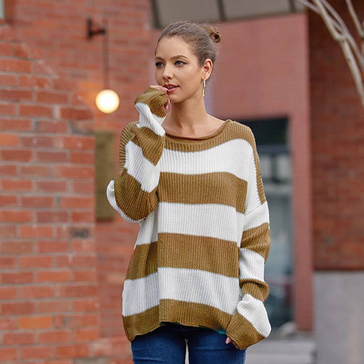 Striped Color Matching Loose Fit Sweater for Autumn/Winter    