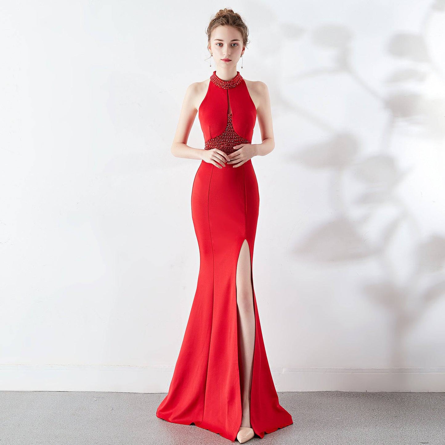 Stunning Red Lace Fishtail Halter Maxi Evening Gown    