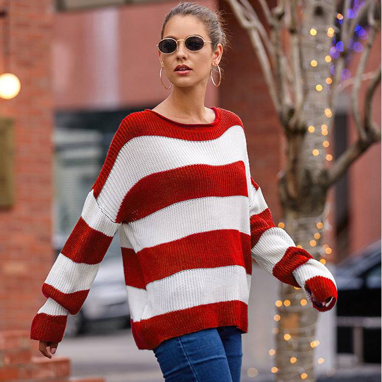 Striped Color Matching Loose Fit Sweater for Autumn/Winter    