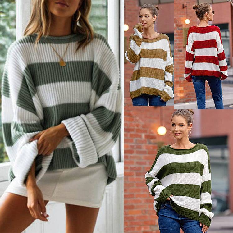 Striped Color Matching Loose Fit Sweater for Autumn/Winter    