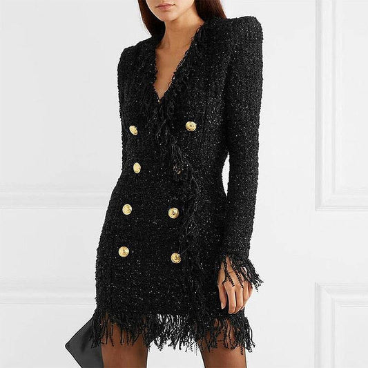 Elegant Slim Fit Fringed V-Neck Long-Sleeved Dress Coat with Tassels    