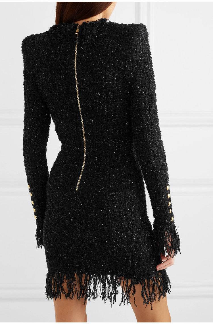 Elegant Slim Fit Fringed V-Neck Long-Sleeved Dress Coat with Tassels    