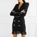 Elegant Slim Fit Fringed V-Neck Long-Sleeved Dress Coat with Tassels    