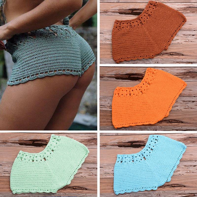 Handcrafted Boho Chic Cutout Crochet Beach Shorts in Solid Colors    