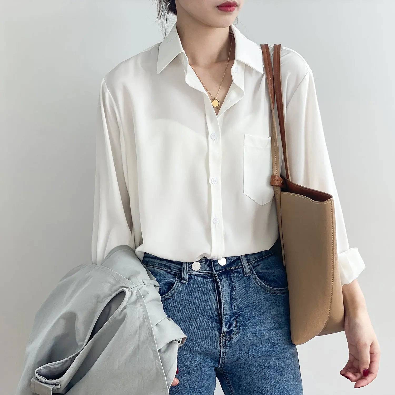 Korean Chic Solid Color Long Sleeve Collared Shirt for Women    