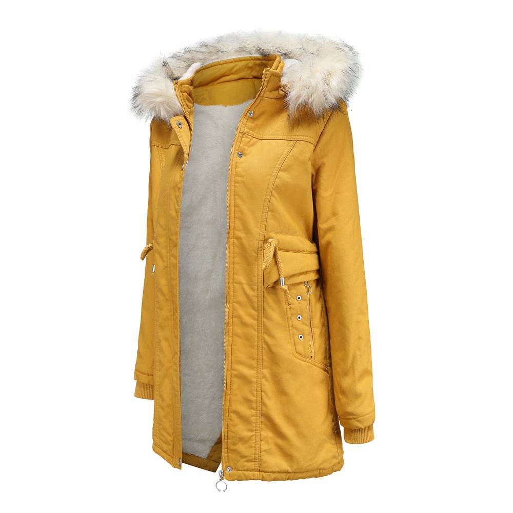 Winter Cotton-Padded Overcoat with Detachable Hat and Fur Collar for Women    