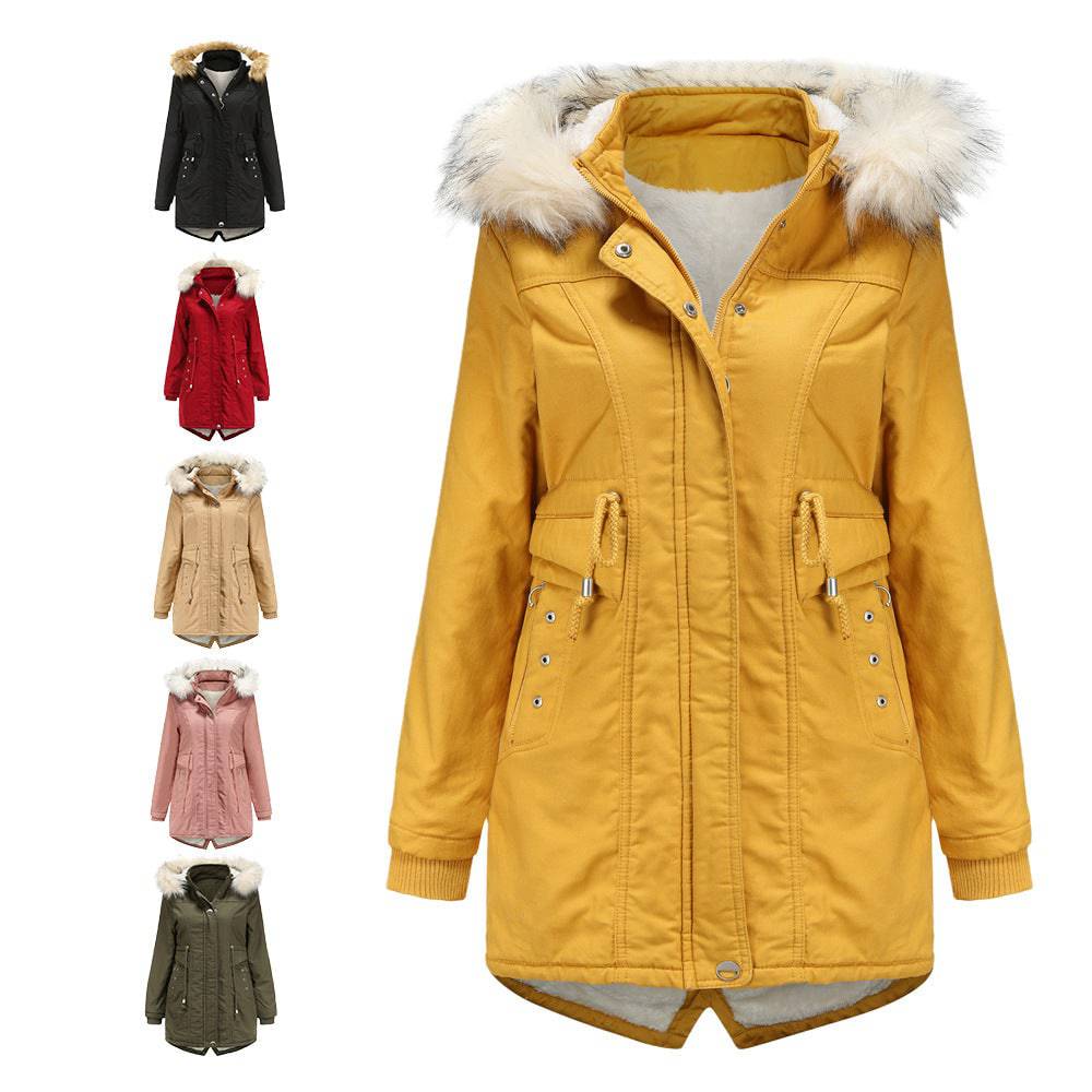 Winter Cotton-Padded Overcoat with Detachable Hat and Fur Collar for Women    