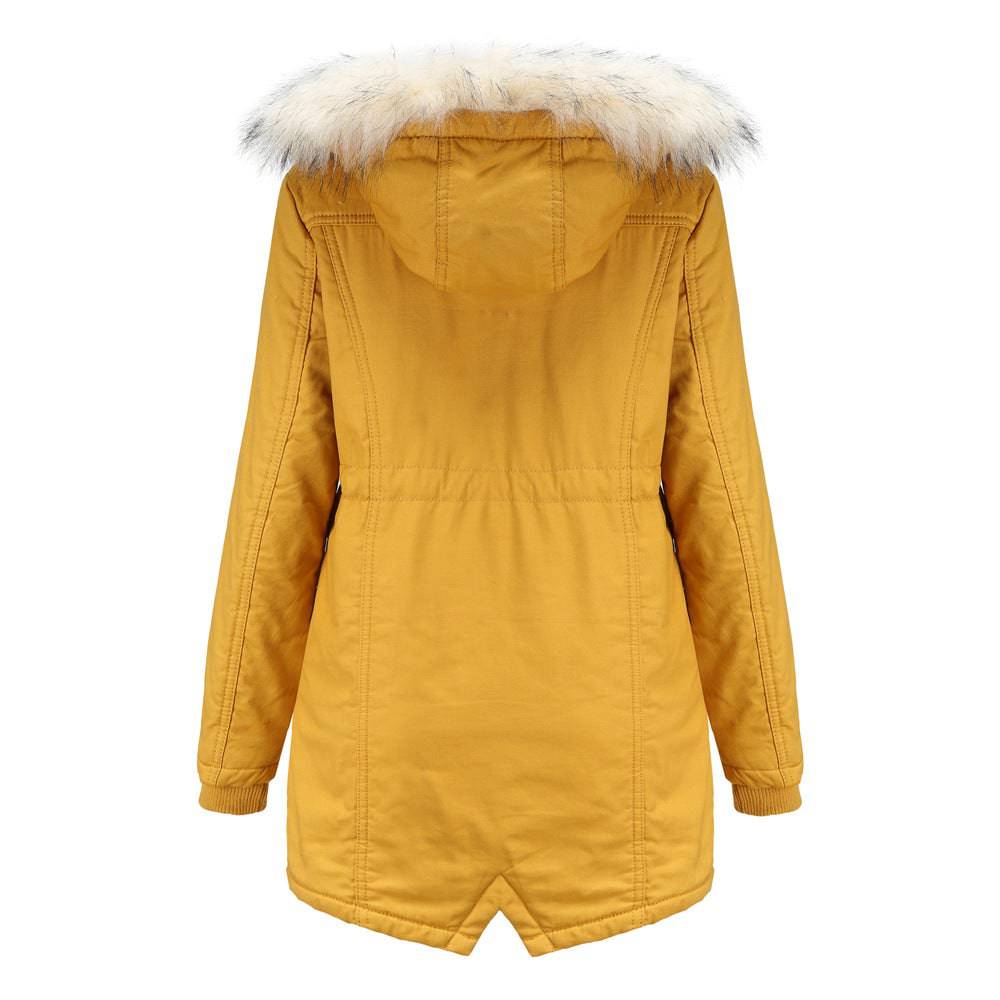 Winter Cotton-Padded Overcoat with Detachable Hat and Fur Collar for Women    