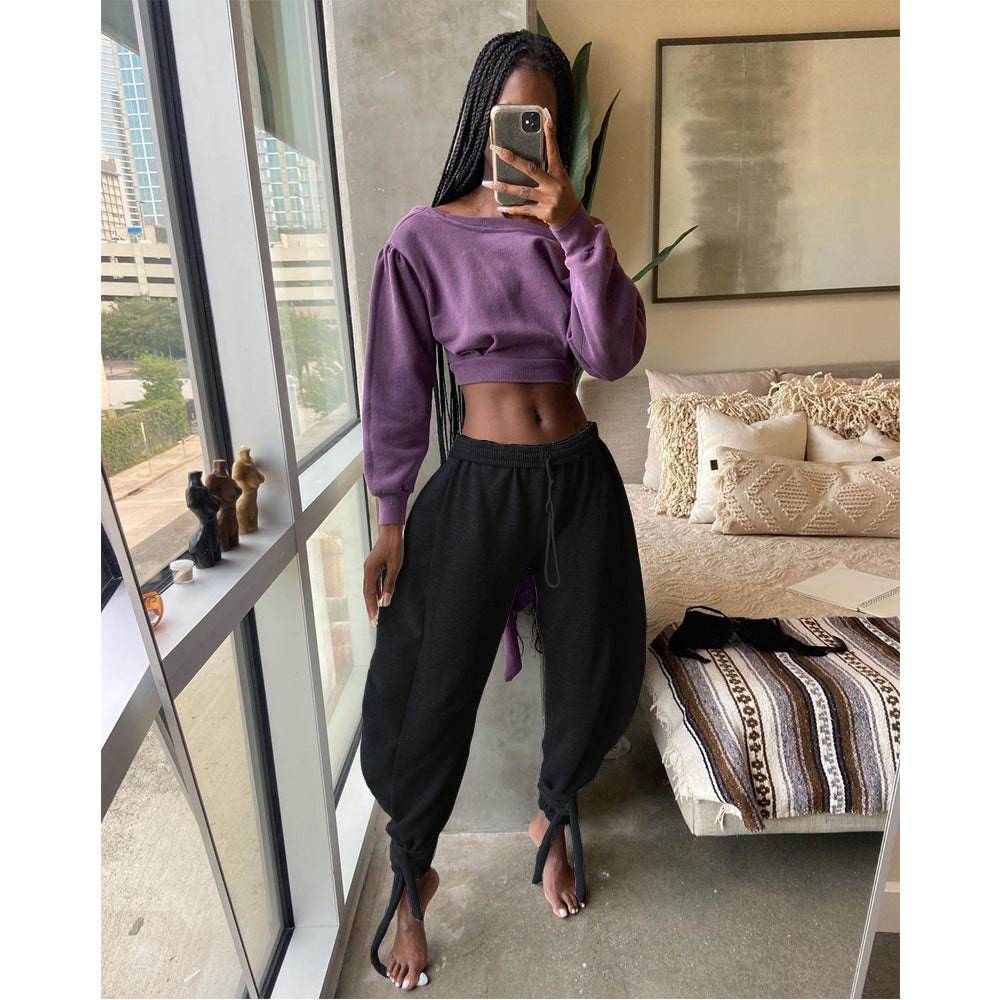 Lace-Up Ankle-Tied Wide Leg Polyester Pants for Women    