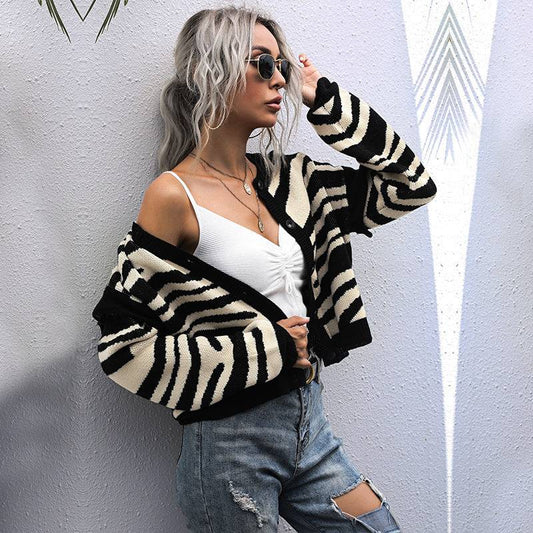 Zebra Print Knit Cardigan Sweater for Women    