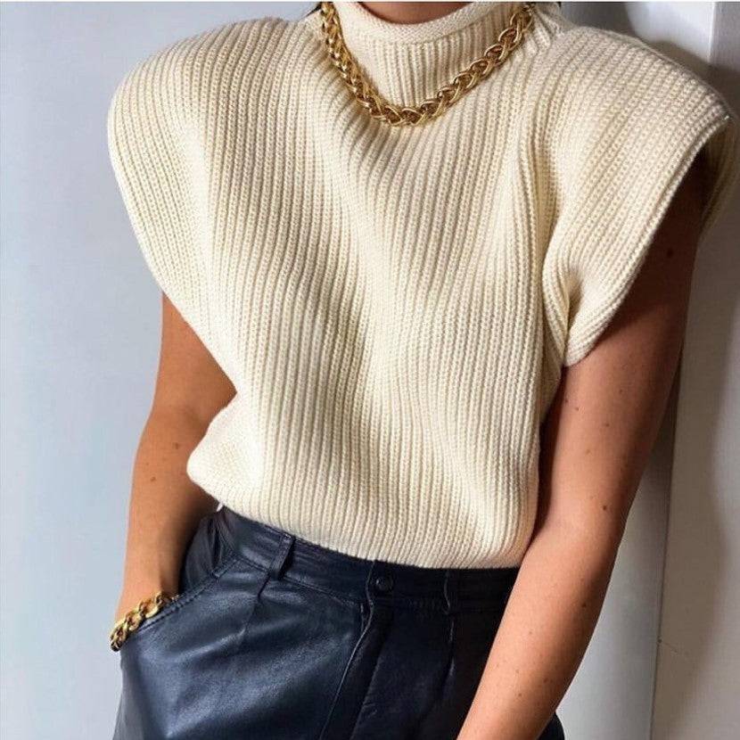 Sleeveless Turtleneck Solid Color Shoulder Pad Sweatervest for Autumn and Winter Women    