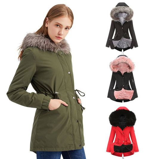 Winter Warm Fur Collar Mid-Length Hooded Women's Cotton-Padded Coat    