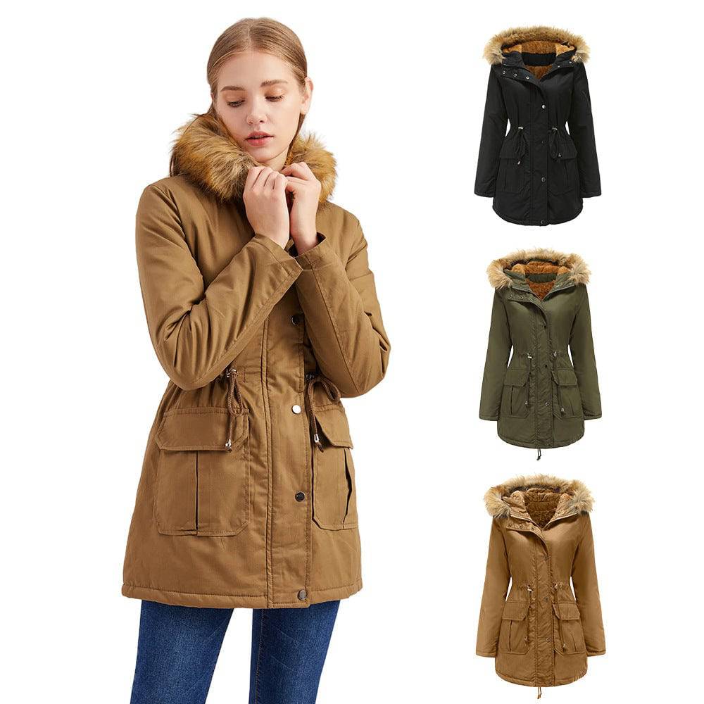 New Size Fleece Lined Coat Hooded Fur Collar Winter Warm Coat Plus Size Women Cotton-Padded Jacket    