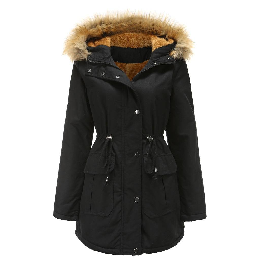 New Size Fleece Lined Coat Hooded Fur Collar Winter Warm Coat Plus Size Women Cotton-Padded Jacket    