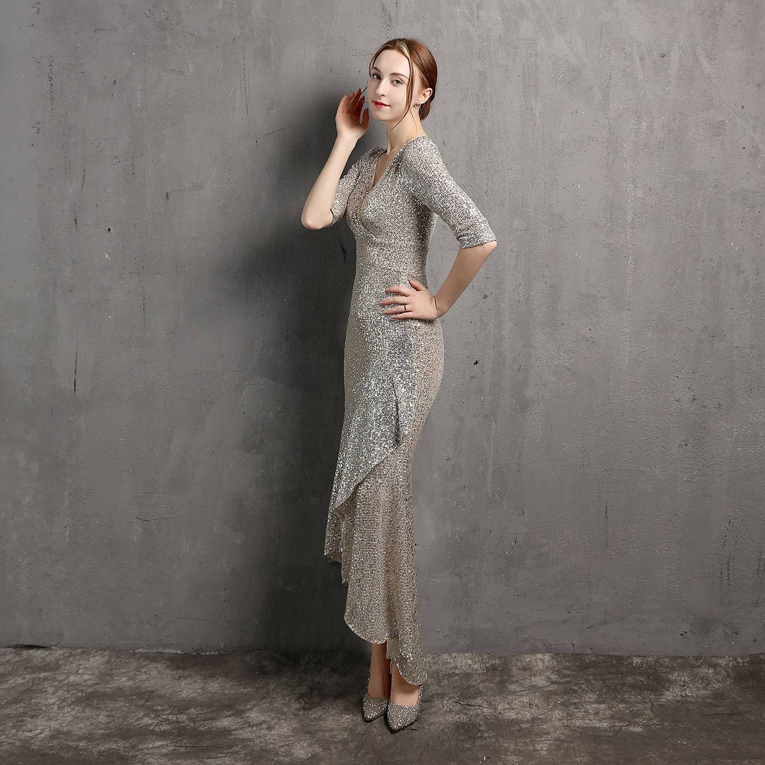 Long Sleeve V-neck Mid-Length Formal Dress Beaded Dress Wedding Banquet Party Dress Formal Gown    