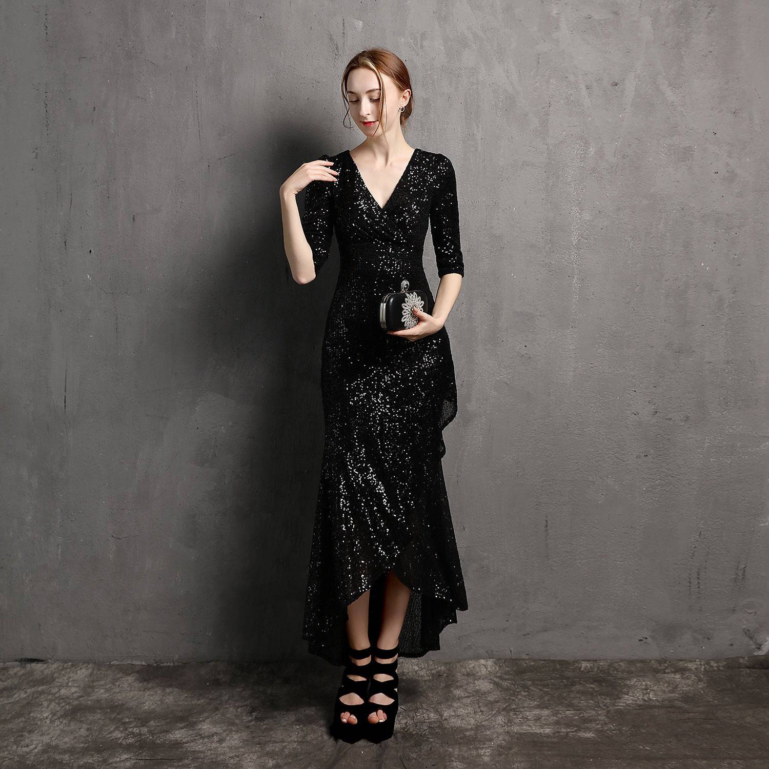 Long Sleeve V-neck Mid-Length Formal Dress Beaded Dress Wedding Banquet Party Dress Formal Gown    