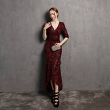 Long Sleeve V-neck Mid-Length Formal Dress Beaded Dress Wedding Banquet Party Dress Formal Gown    