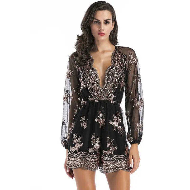 Plunging V-Neck Mesh Sequined Long Sleeve Jumpsuit Shorts    