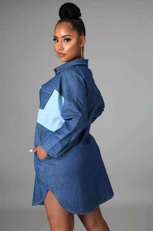 Women's Plus Size Blue Denim Long-Sleeve Shirt    