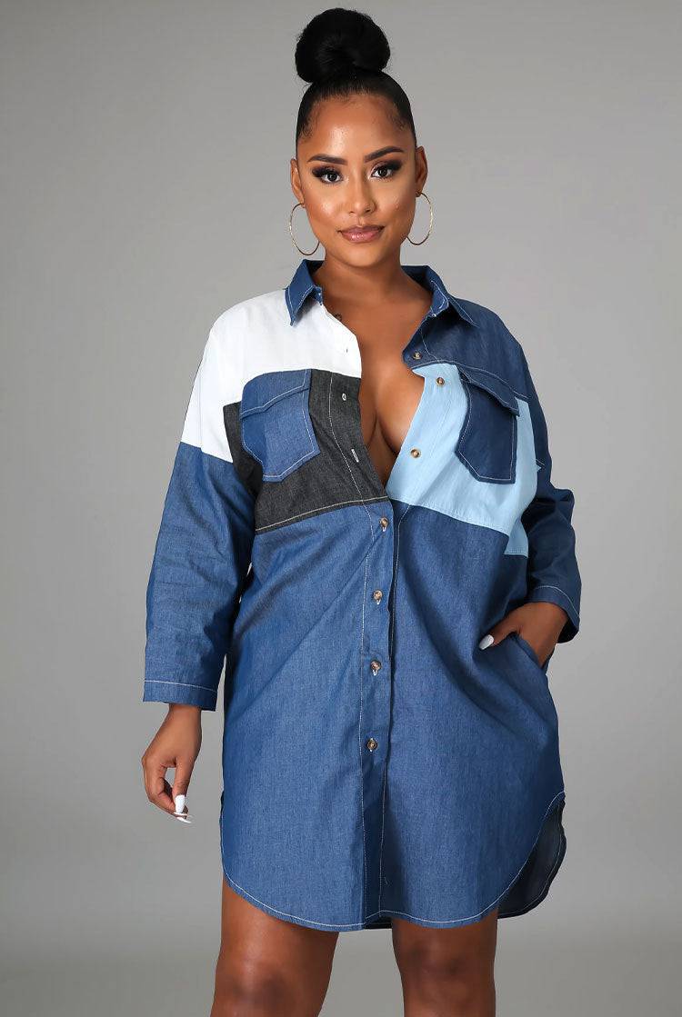 Women's Plus Size Blue Denim Long-Sleeve Shirt    