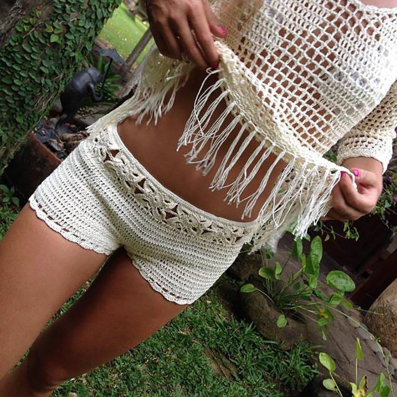 Handcrafted Boho Chic Cutout Crochet Beach Shorts in Solid Colors    