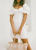 Vintage White Lace-Up A-Line Dress with Eyelet Embroidery    