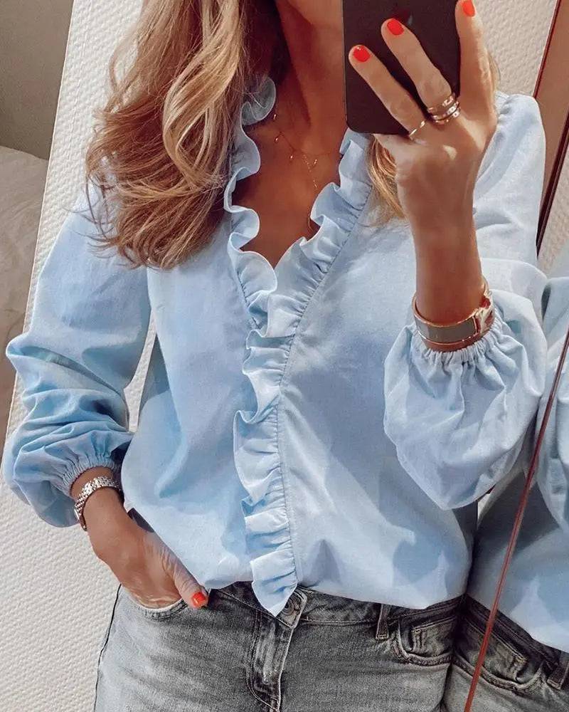 Spring Summer Elegant Long Sleeve Ruffle Blouse for Women    