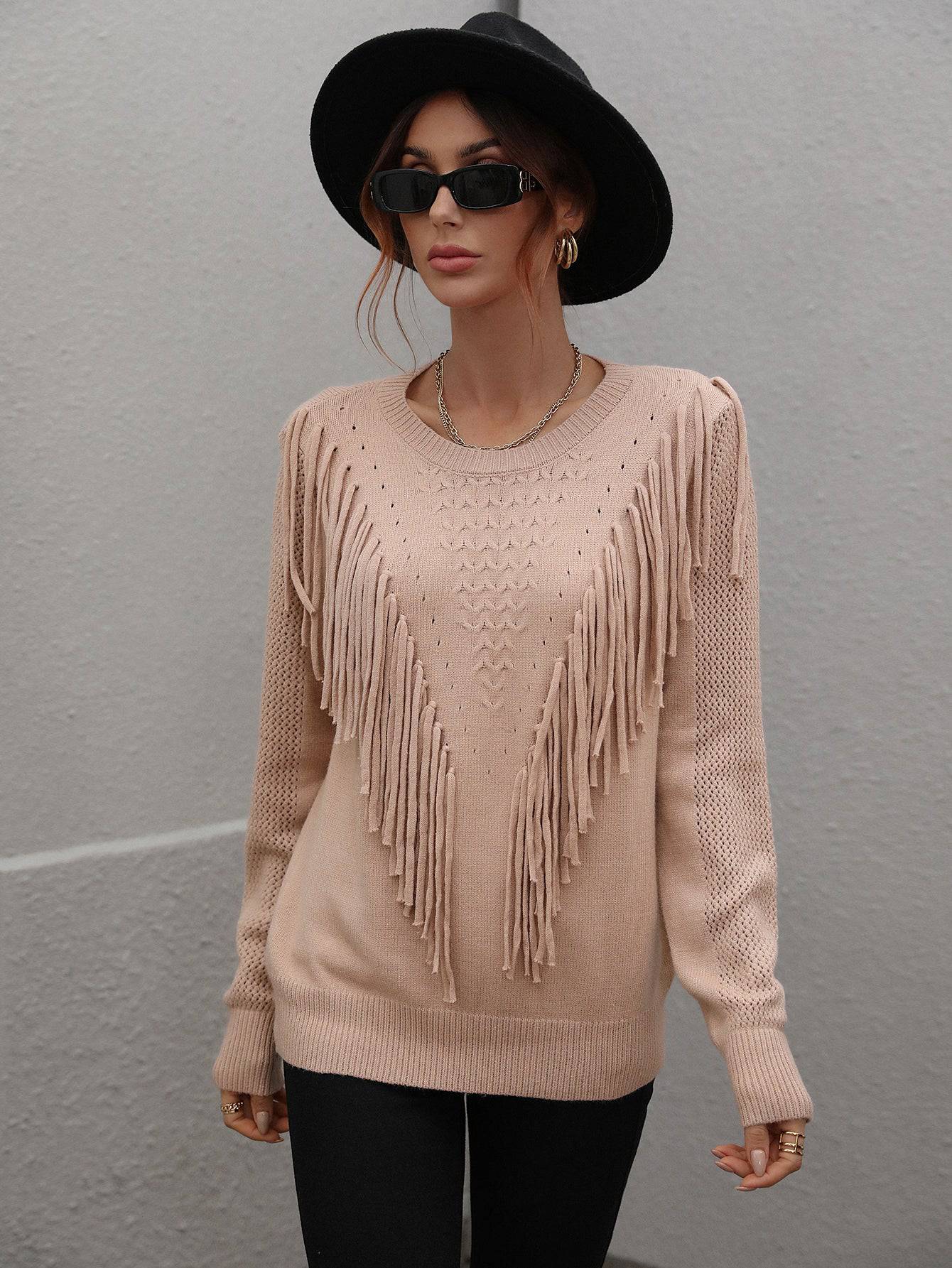 Tassel Detail Loose Pullover Sweater for Women    