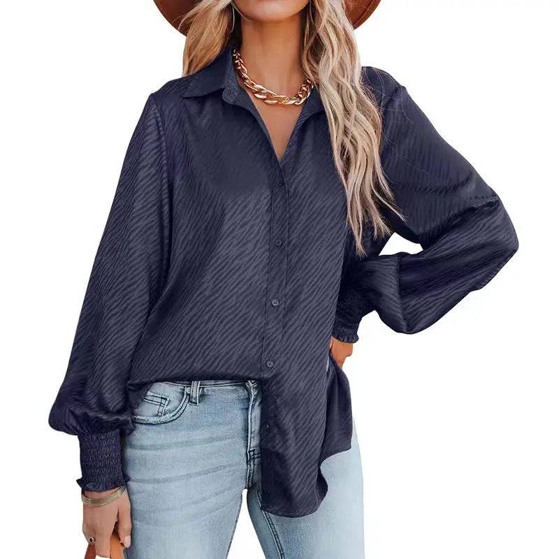 Zebra Pattern Collared Loose Top Lantern Sleeve Shirt for Women    