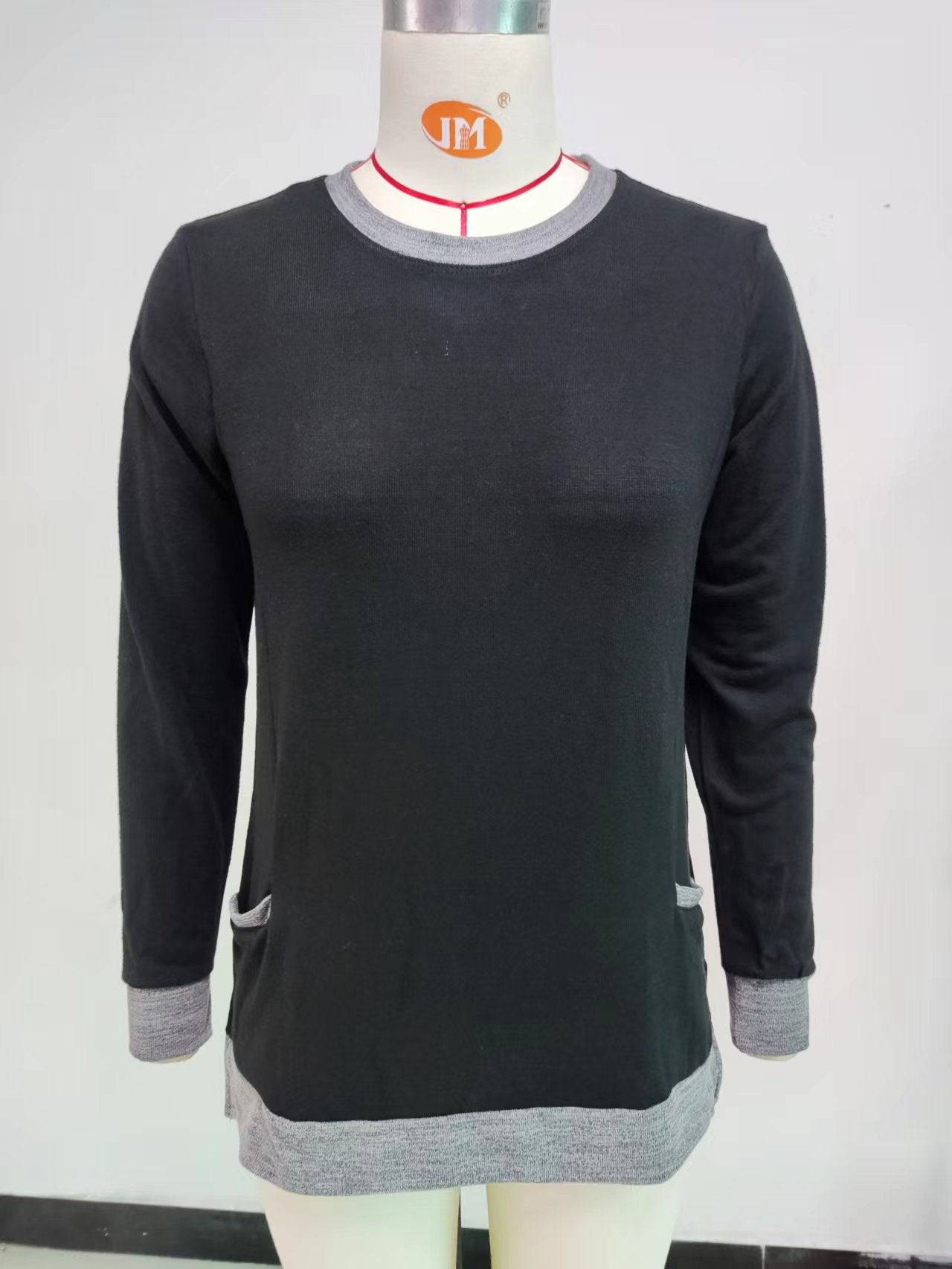 Multicolor Long Sleeve Pullover Top with Pocket    