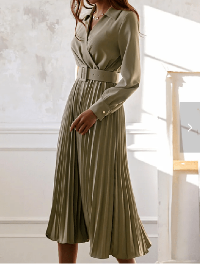 Belted V Neck Pleated Dress for Women