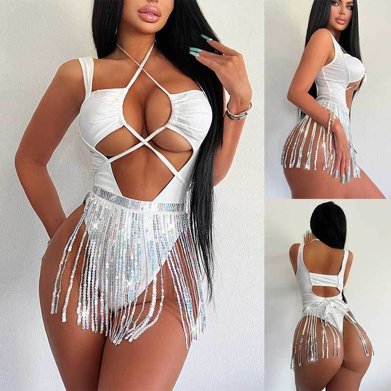 Elegant Tassel Skirt Set with High Waist Sequin Dress    