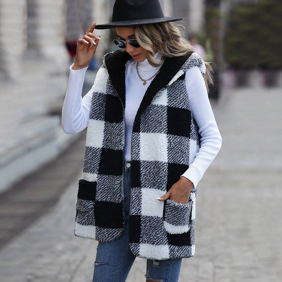 Plush Plaid Sleeveless Hooded Coat for Women    