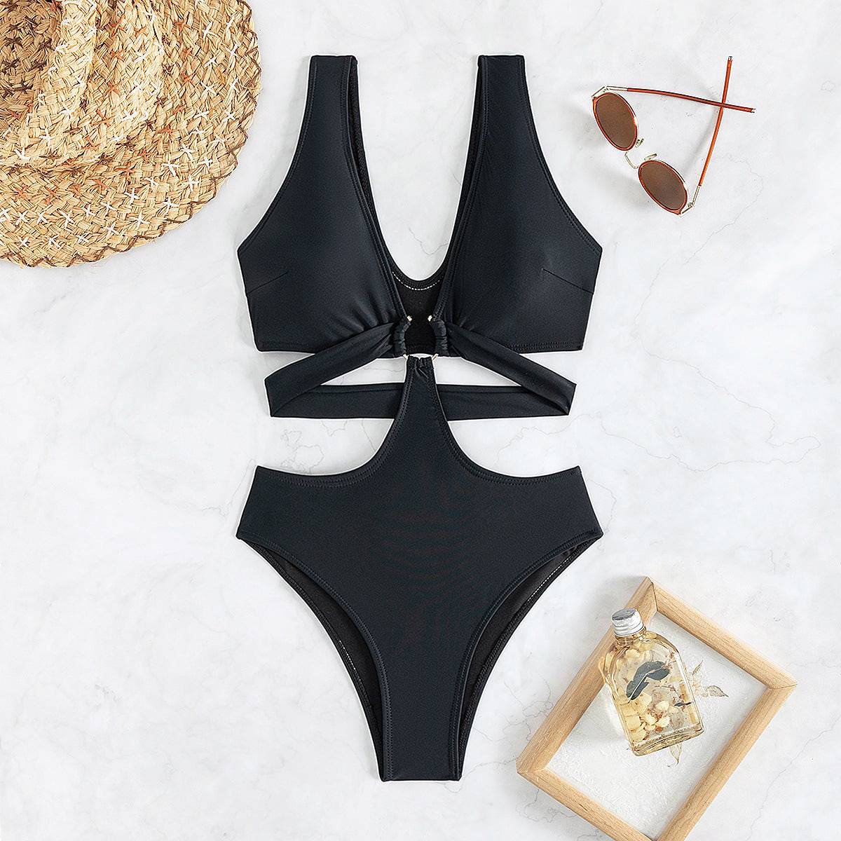 Solid Color Cutout One Piece Swimsuit    