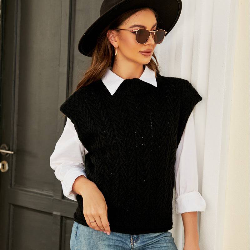 Knitted Top Autumn Winter Wild Knitted Woolen Vest Outer Wear Bandage Dress Round Neck Sleeveless Sweater    