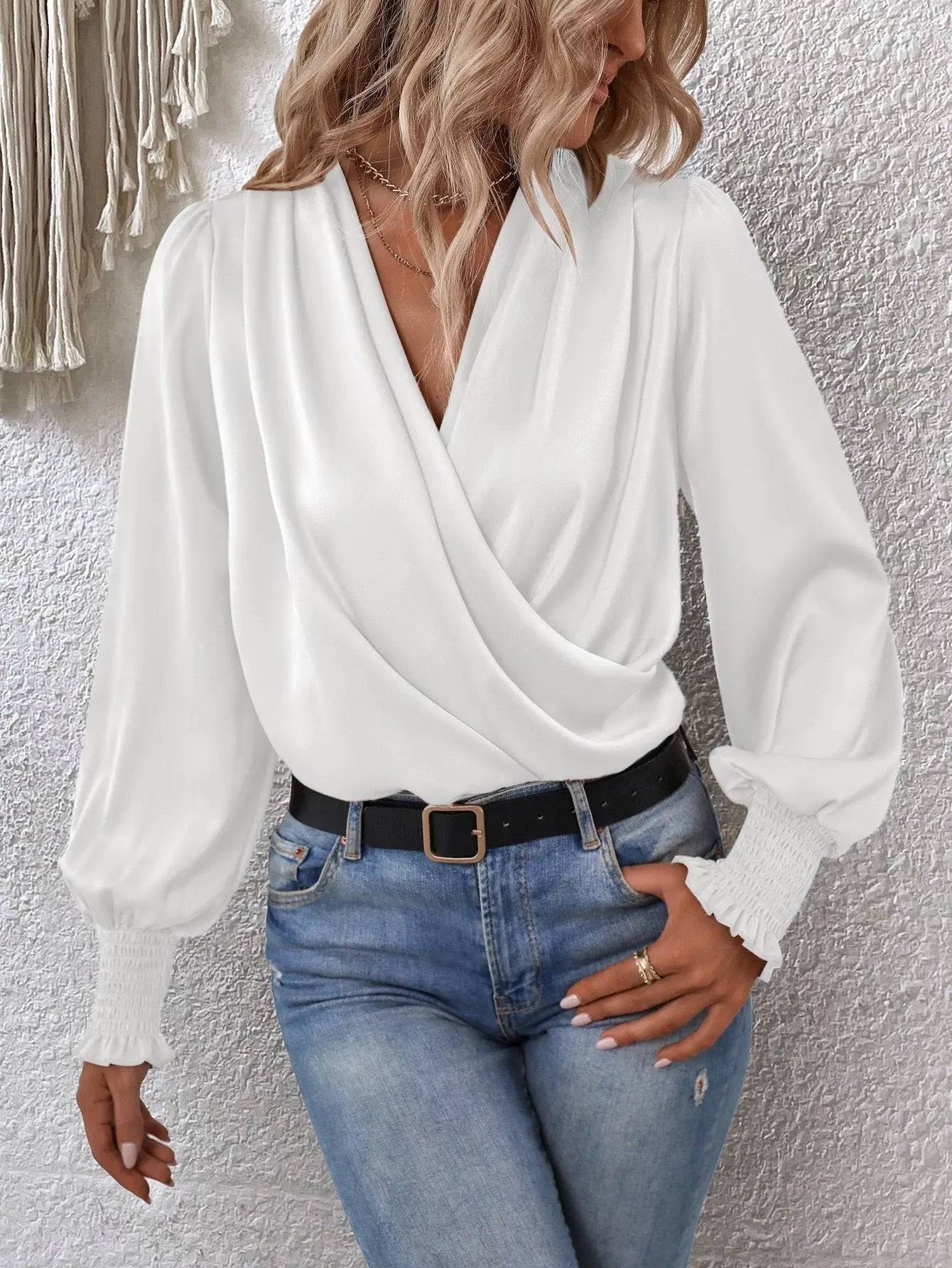 Elegant V-Neck Smocking Lantern Sleeve Office Blouse    