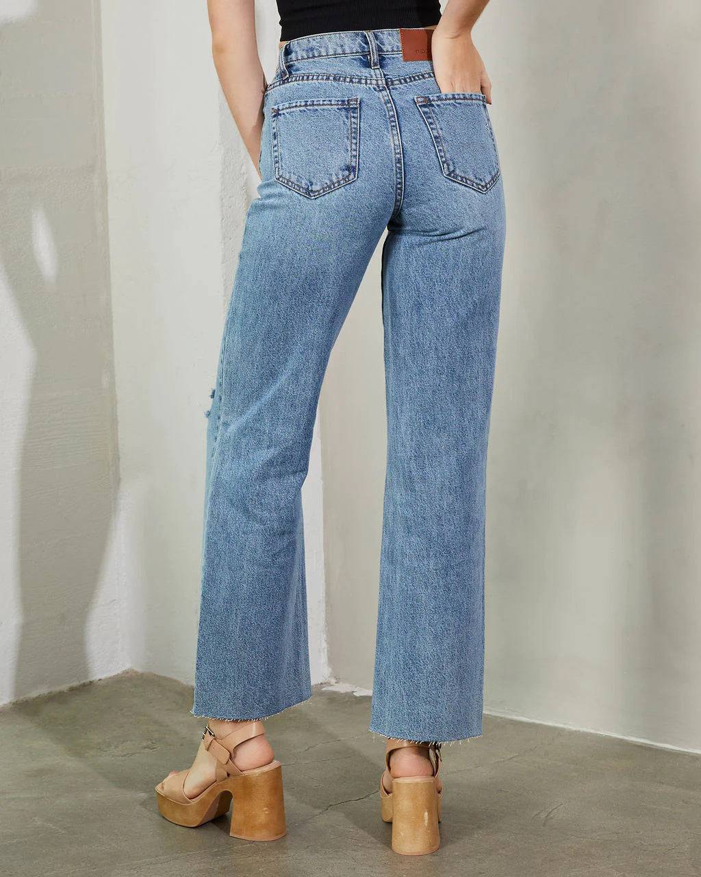 High-Rise Frayed Hem Straight Leg Denim Pants for Women    