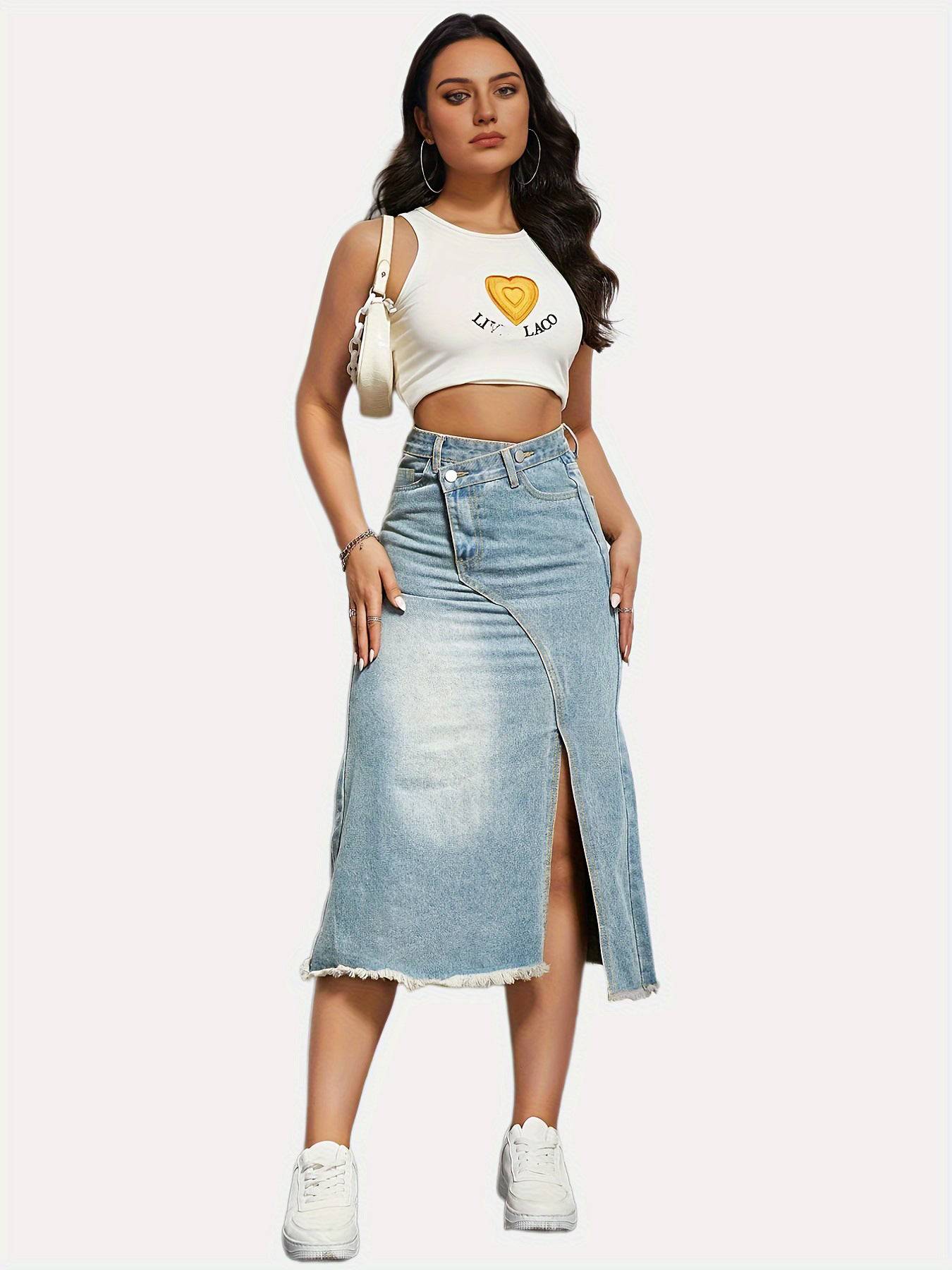 Fashionable Autumn Retro Denim Skirt with Side Slit Stitching    