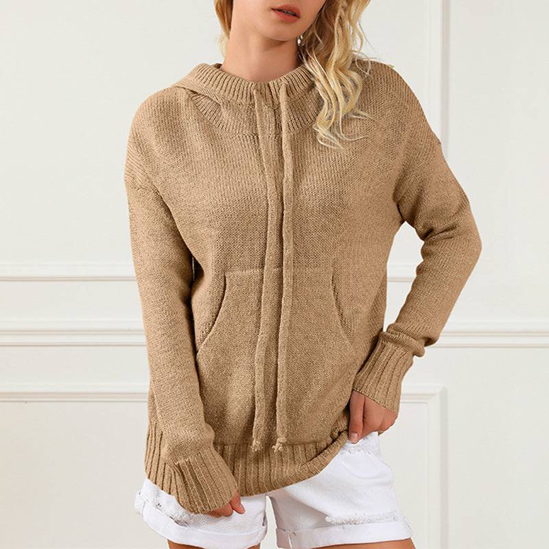 Hooded Knitwear with Drawstring Pocket for Women    