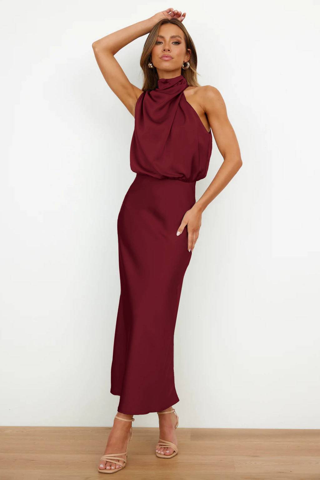 Elegant High Grade Satin Sleeveless Maxi Dress with Mock Neck    