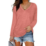 Elegant V-Neck Long-Sleeved T-Shirt with Pleating    