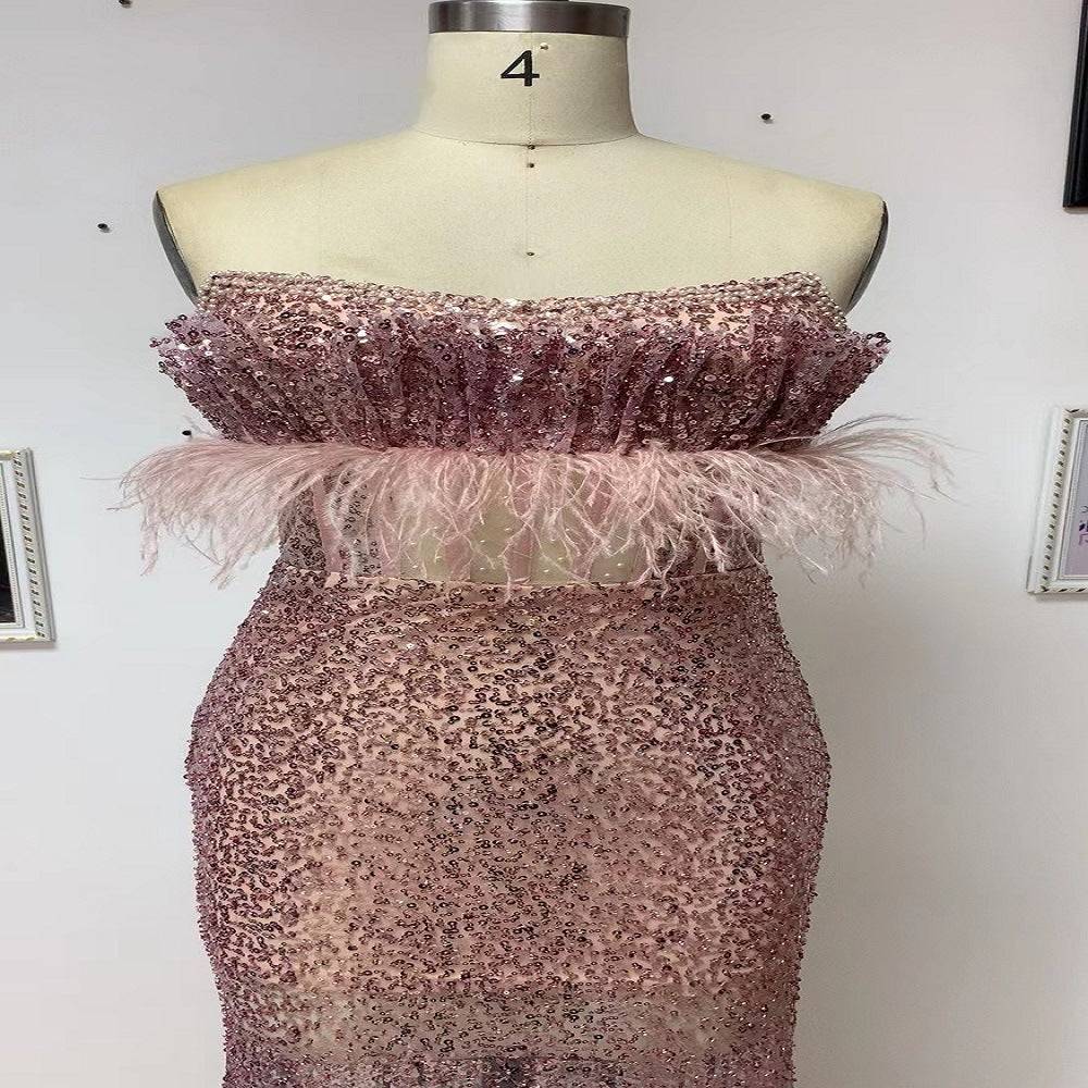 Maxi Dress Pink Sequin Tube Top Elegant Slim Fit Dress Feather Decoration Cocktail Catwalk Party    