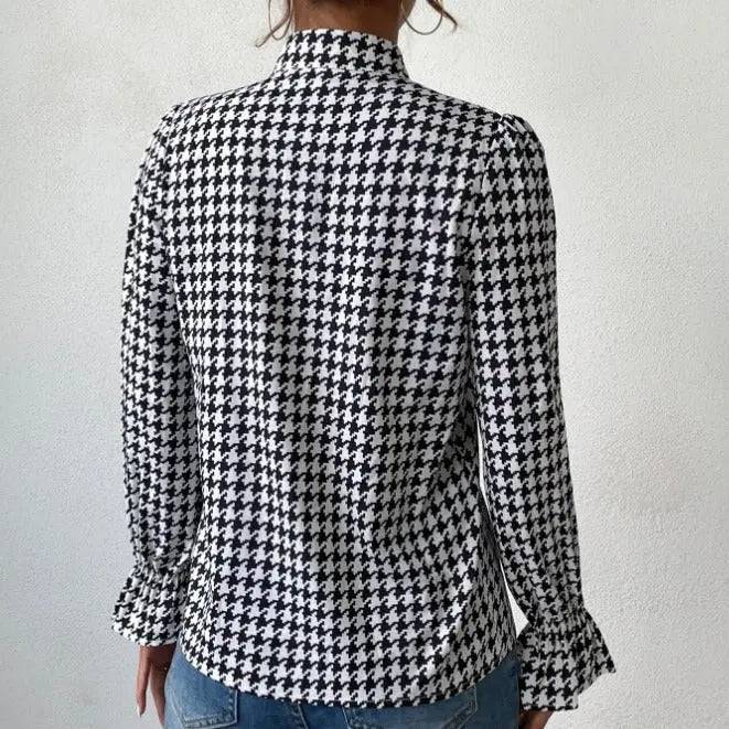 Spring/Summer Houndstooth V-Neck Long Sleeve Top for Women    