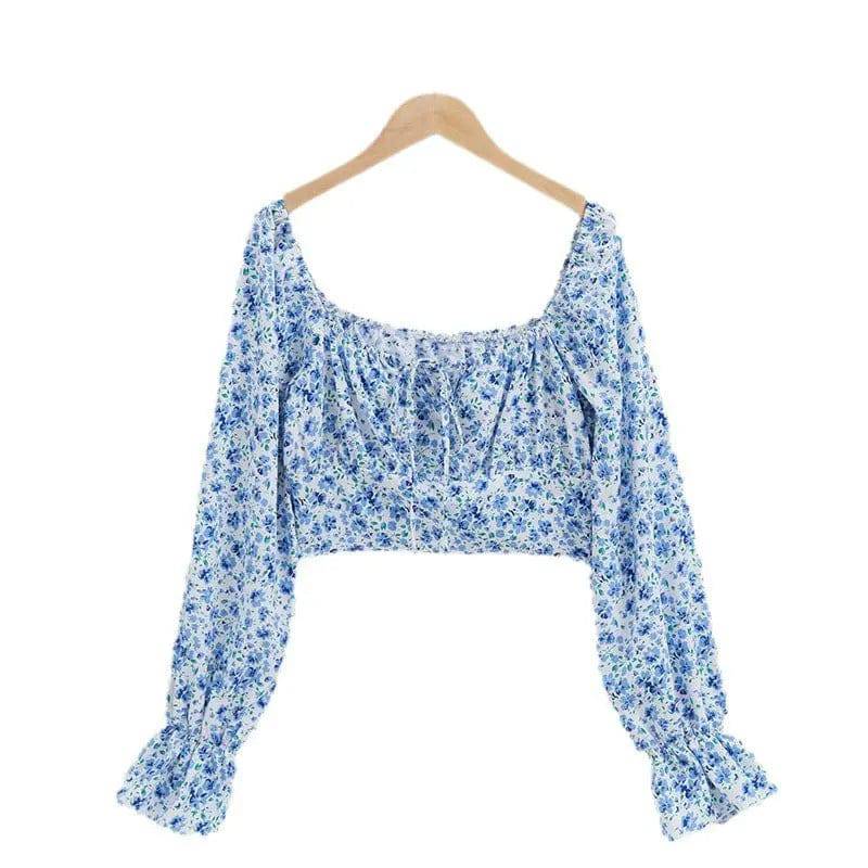 Graceful Puff Sleeve Floral Chiffon Blouse with French Off Neck    